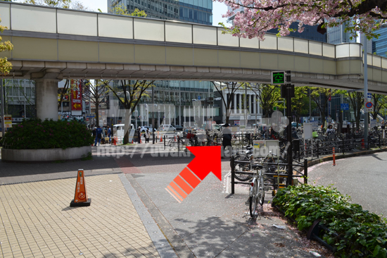 駐輪場を右手へ
